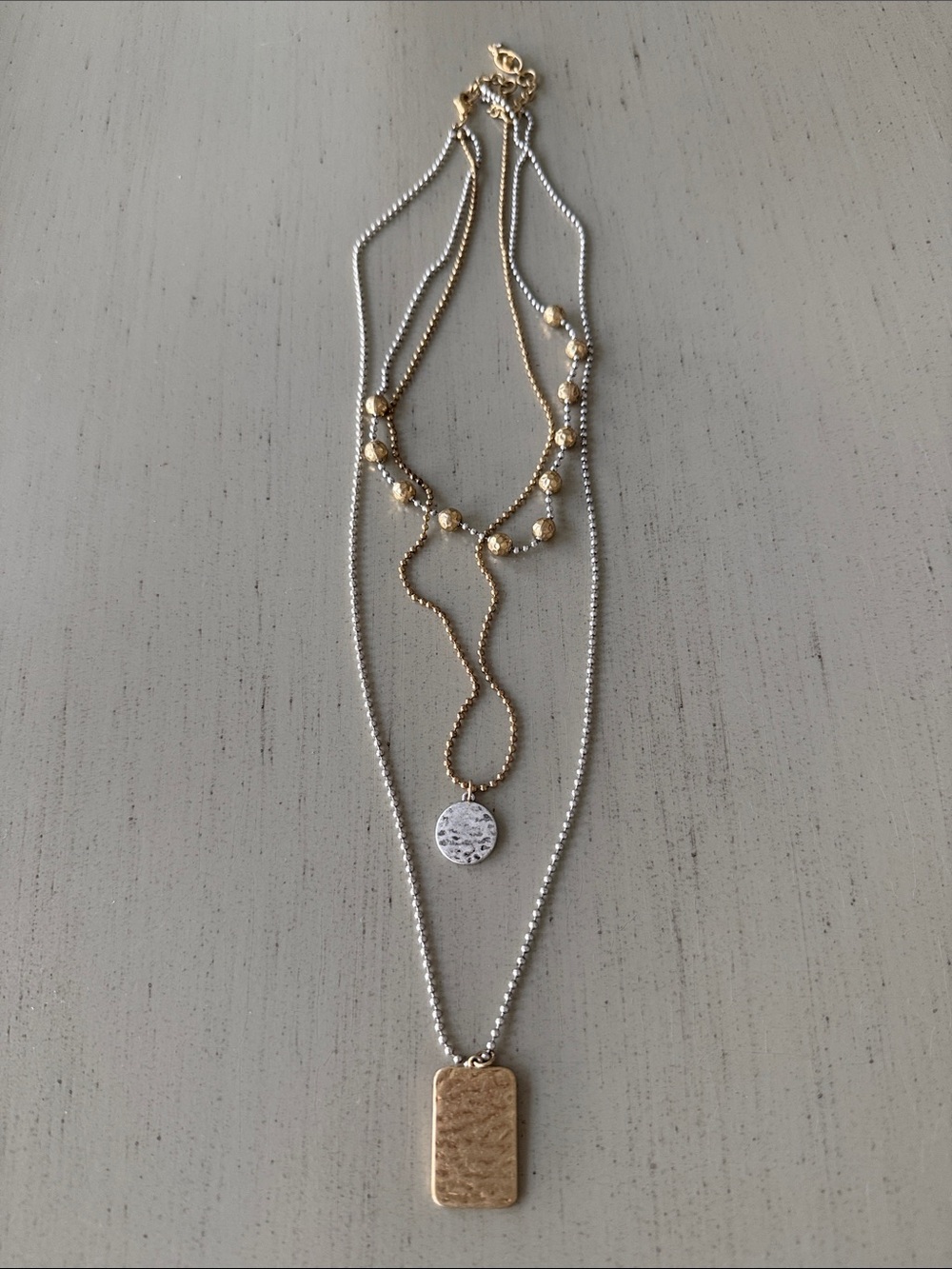 Cabi Mixed Metal Layered Necklace with Gold Beads and Textured Pendants